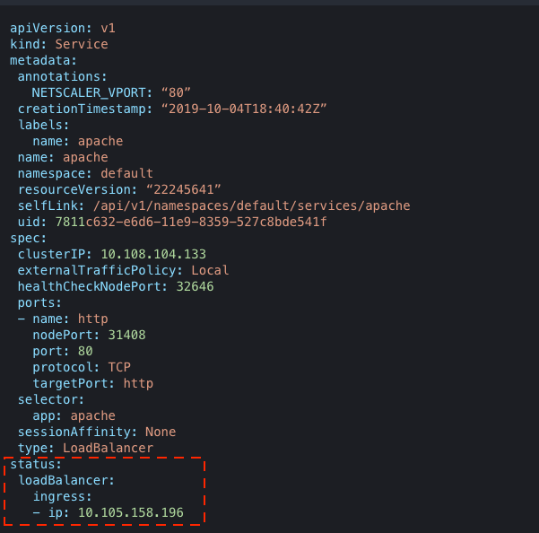 Service type LoadBalancer output